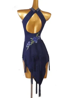 Latin Dance Dresses Dark Navy Women's Rhinestones Floral Print Bodycon Sexy Polyester Dress Dancing Wear