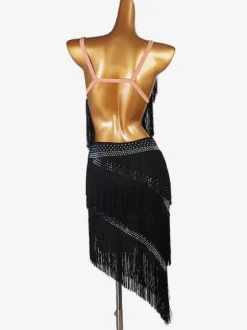Latin Dance Dresses Fringe Rhinestone Layered Ruffle Women Latin Dancer Dancing Costume