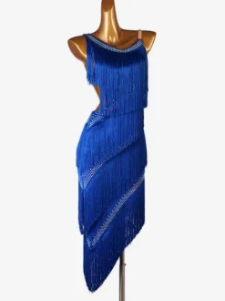 Latin Dance Dresses Fringe Rhinestone Layered Ruffle Women Latin Dancer Dancing Costume