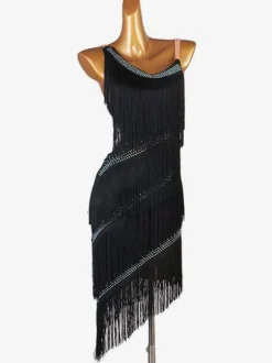 Latin Dance Dresses Fringe Rhinestone Layered Ruffle Women Latin Dancer Dancing Costume