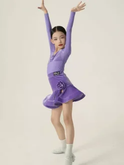 Latin Dance Dresses Purple Girls Women's Long Sleeves Shaping Dress Latin Dance Dresses