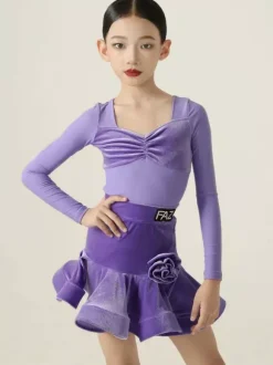 Latin Dance Dresses Purple Girls Women's Long Sleeves Shaping Dress Latin Dance Dresses