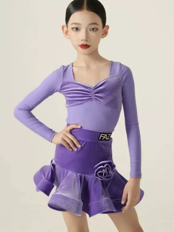 Latin Dance Dresses Purple Girls Women's Long Sleeves Shaping Dress Latin Dance Dresses