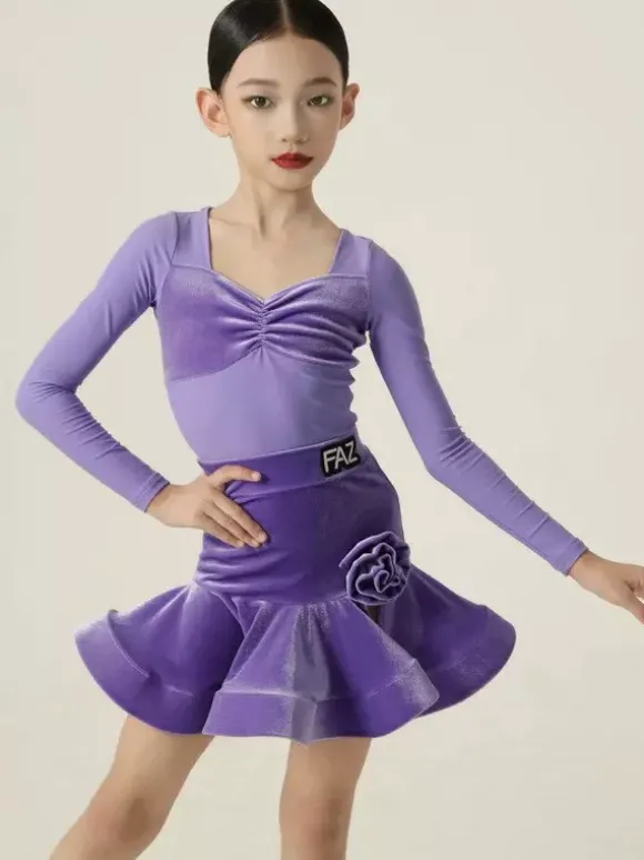 Latin Dance Dresses Purple Girls Women's Long Sleeves Shaping Dress Latin Dance Dresses