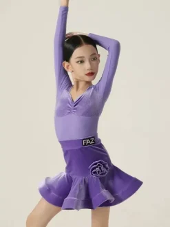 Latin Dance Dresses Purple Girls Women's Long Sleeves Shaping Dress Latin Dance Dresses