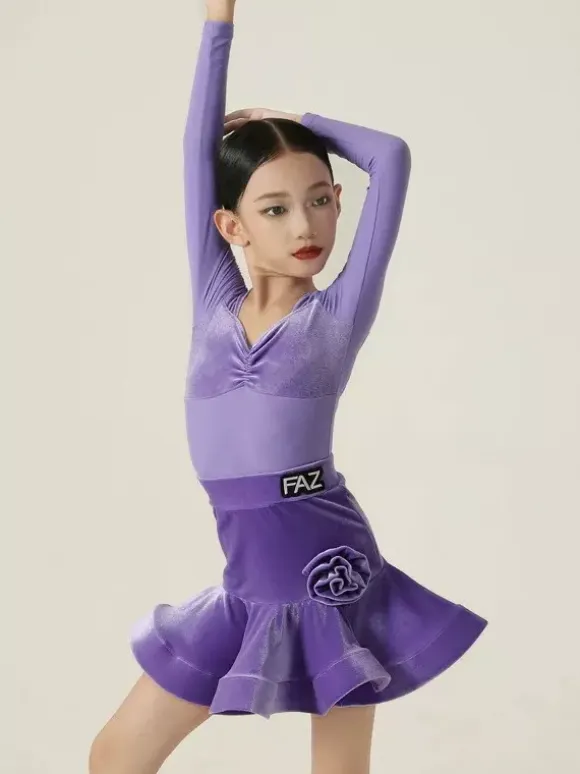Latin Dance Dresses Purple Girls Women's Long Sleeves Shaping Dress Latin Dance Dresses