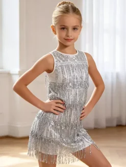 Latin Dance Dresses Red Girl's Fringe Tassel Sequins Elegant Polyester Dress Dancing Wear