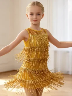 Latin Dance Dresses Red Girl's Fringe Tassel Sequins Elegant Polyester Dress Dancing Wear