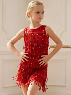 Latin Dance Dresses Red Girl's Fringe Tassel Sequins Elegant Polyester Dress Dancing Wear