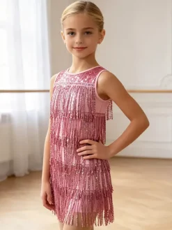 Latin Dance Dresses Red Girl's Fringe Tassel Sequins Elegant Polyester Dress Dancing Wear