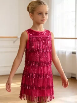 Latin Dance Dresses Red Girl's Fringe Tassel Sequins Elegant Polyester Dress Dancing Wear