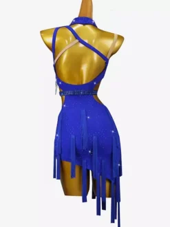 Latin Dance Dresses Royal Blue Women's Lycra Spandex Dress Backless Sexy Rhinestones Latin Dancer Dancing Wear
