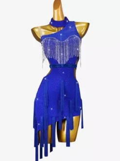 Latin Dance Dresses Royal Blue Women's Lycra Spandex Dress Backless Sexy Rhinestones Latin Dancer Dancing Wear