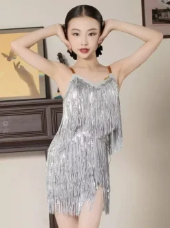 Latin Dance Dresses Silver Girls Women's Fringe Polyester Dress Dancing Wear