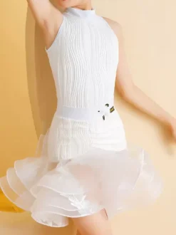 Latin Dance Dresses White Girl's Lycra Spandex Top Skirt Elegant Ruffles Dancing Wear