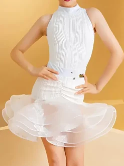 Latin Dance Dresses White Girl's Lycra Spandex Top Skirt Elegant Ruffles Dancing Wear