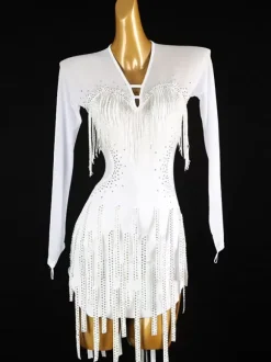 Latin Dance Dresses White Women's Lycra Spandex Dress Backless Elegant Sequins Fringe Latin Dancer Dancing Wear
