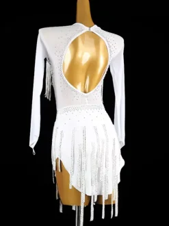 Latin Dance Dresses White Women's Lycra Spandex Dress Backless Elegant Sequins Fringe Latin Dancer Dancing Wear