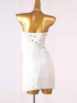 Latin Dance Dresses White Women's Polyester Dress Backless Sexy Fringe Rhinestones Latin Dancer Dancing Wear