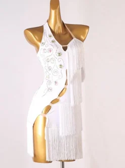 Latin Dance Dresses White Women's Polyester Dress Backless Sexy Fringe Rhinestones Latin Dancer Dancing Wear