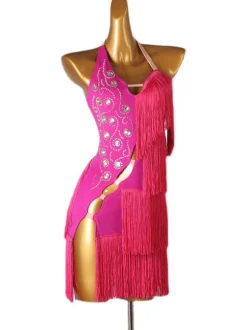 Latin Dance Dresses White Women's Polyester Dress Backless Sexy Fringe Rhinestones Latin Dancer Dancing Wear
