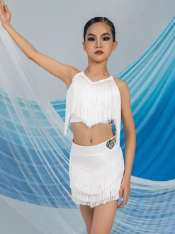 Latin Dance Dresses White Women's Dress Sexy Polyester Top Skirt Dancing Wear