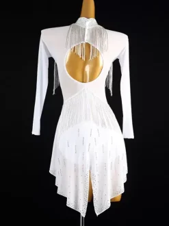 Latin Dance Dresses White Women's Fringe Rhinestones Backless Elegant Lycra Spandex Dress Dancing Wear