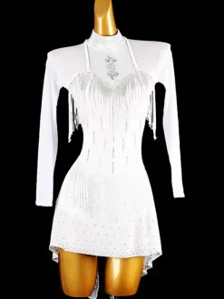 Latin Dance Dresses White Women's Fringe Rhinestones Backless Elegant Lycra Spandex Dress Dancing Wear