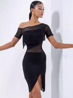 Latin Dance Dress Sexy Black Women's Polyester Short Sleeves Fringe Latin Dancer Dancing Wear