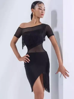 Latin Dance Dress Sexy Black Women's Polyester Short Sleeves Fringe Latin Dancer Dancing Wear