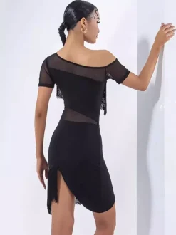 Latin Dance Dress Sexy Black Women's Polyester Short Sleeves Fringe Latin Dancer Dancing Wear