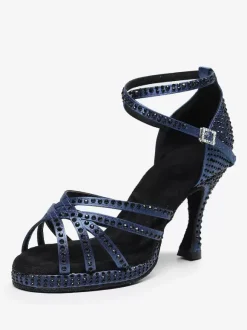 Latin Dance Shoes Dark Navy Round Toe Rhinestones Ballroom Dance Shoes