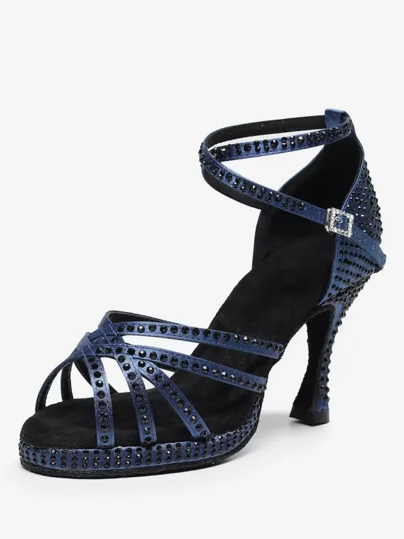 Latin Dance Shoes Dark Navy Round Toe Rhinestones Ballroom Dance Shoes