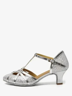 Latin Dance Shoes Silver Round Toe Buckle Ballroom Dance Shoes