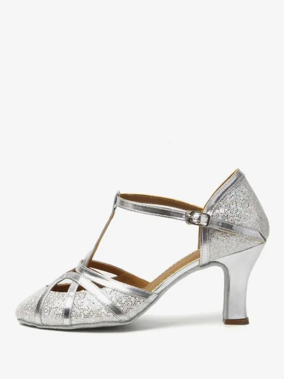 Latin Dance Shoes Silver Round Toe Buckle Ballroom Dance Shoes