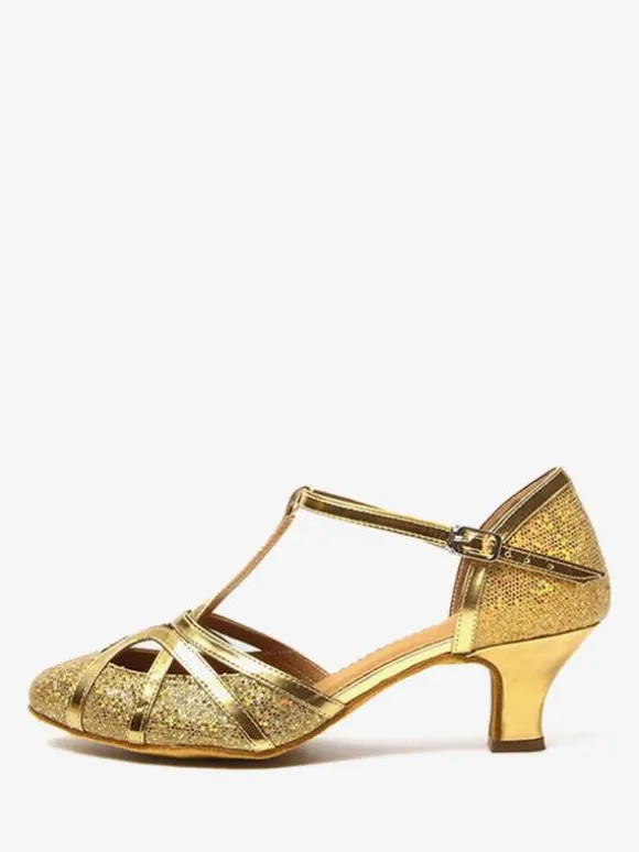 Latin Dance Shoes Silver Round Toe Buckle Ballroom Dance Shoes