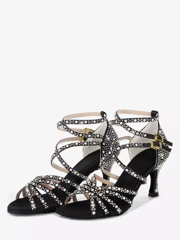 Latin Dance Shoes Women's Open Toe Pearls High Heel Ballroom Shoes