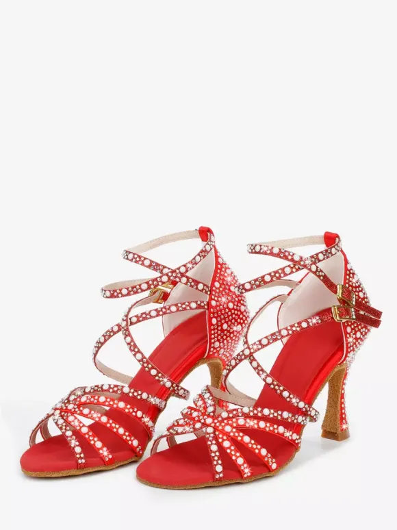 Latin Dance Shoes Women's Open Toe Pearls High Heel Ballroom Shoes