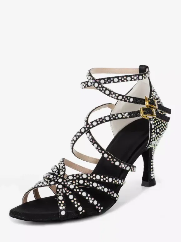 Latin Dance Shoes Women's Open Toe Pearls High Heel Ballroom Shoes