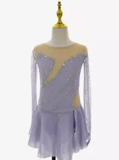 Lavender Skating Dress Elegant Beaded Long Sleeves Women Girls Skater Dress