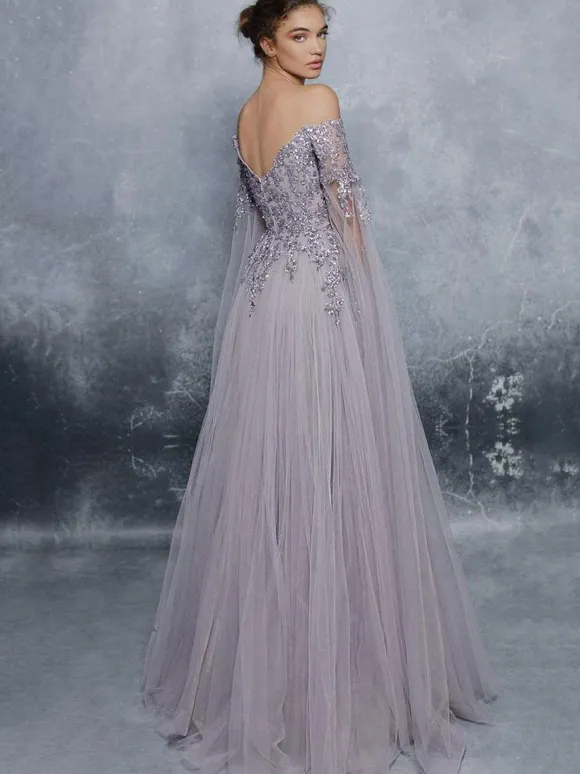 Lavender Prom Dress 2026 A-Line Bateau Neck Long Sleeves Tulle Floor-Length Formal Dresses Wedding Guest Dresses Free Customization