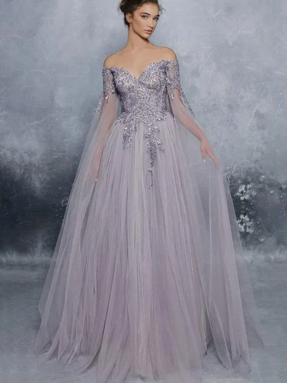 Lavender Prom Dress 2026 A-Line Bateau Neck Long Sleeves Tulle Floor-Length Formal Dresses Wedding Guest Dresses Free Customization