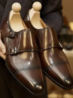 Leather Artwork Mens Monk Loafer Monk Strap Brogue Formal Wedding Shoes