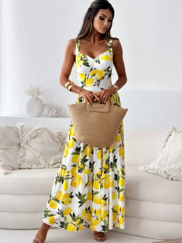 Lemon Print Maxi Sundress for Women - Yellow Boho Sleeveless V-Neck Tiered A-Line Swing Gown - Summer Holiday 2026