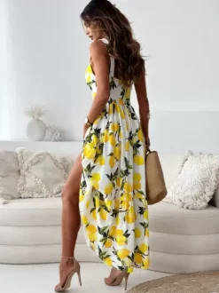 Lemon Print Maxi Sundress for Women - Yellow Boho Sleeveless V-Neck Tiered A-Line Swing Gown - Summer Holiday 2026