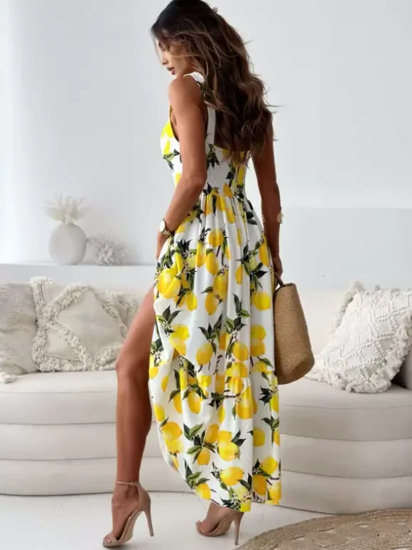 Lemon Print Maxi Sundress for Women - Yellow Boho Sleeveless V-Neck Tiered A-Line Swing Gown - Summer Holiday 2026