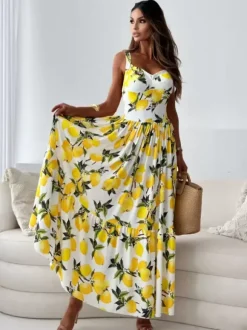 Lemon Print Maxi Sundress for Women - Yellow Boho Sleeveless V-Neck Tiered A-Line Swing Gown - Summer Holiday 2026
