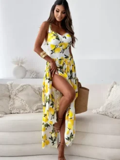 Lemon Print Maxi Sundress for Women - Yellow Boho Sleeveless V-Neck Tiered A-Line Swing Gown - Summer Holiday 2026