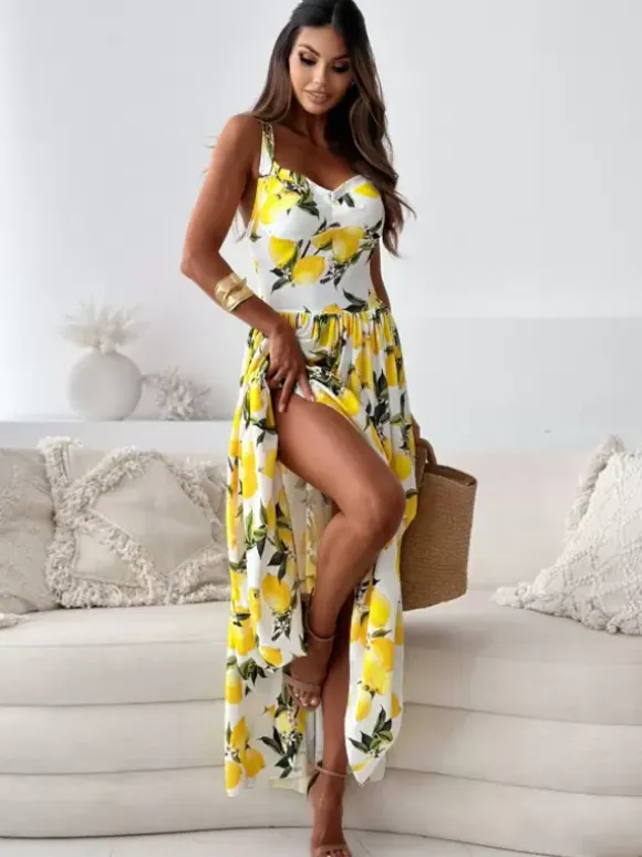 Lemon Print Maxi Sundress for Women - Yellow Boho Sleeveless V-Neck Tiered A-Line Swing Gown - Summer Holiday 2026