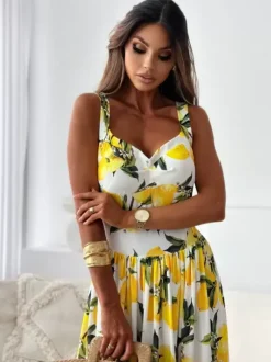 Lemon Print Maxi Sundress for Women - Yellow Boho Sleeveless V-Neck Tiered A-Line Swing Gown - Summer Holiday 2026